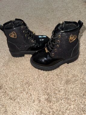 Michael Kors Black Glitter Lace-Up Kids Boots with Gold Heart Detail